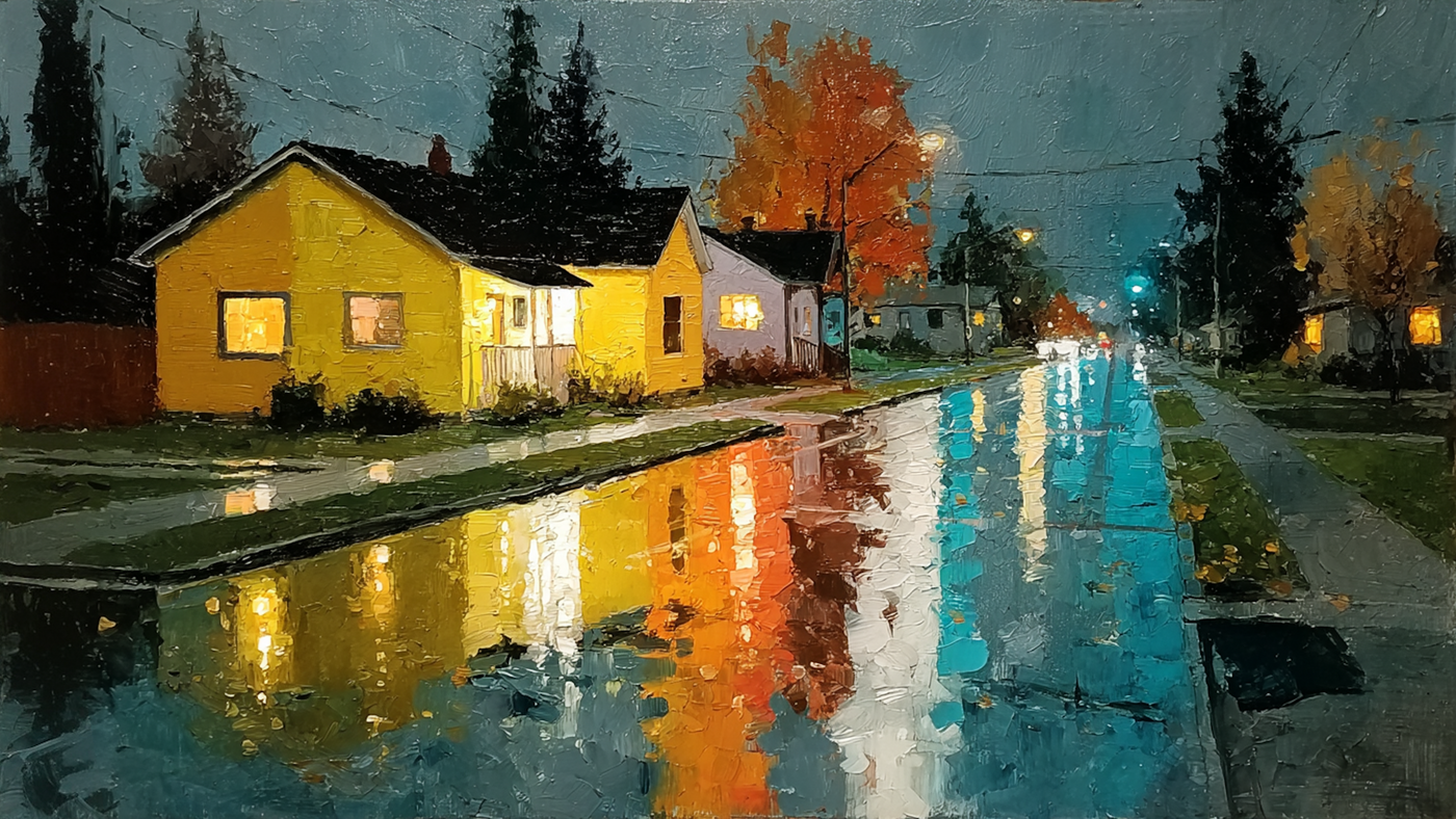 Canal Night Glow nocturnal digital art detail - waterfront scene for Samsung Frame TV and HiSense CanvasTV featuring golden window reflections on teal water