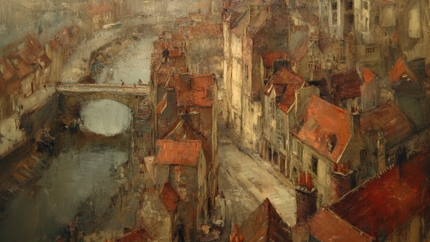 Canal at Dusk digital painting of a European cityscape with red rooftops, stone bridge, and river reflections, formatted for Samsung Frame TV.