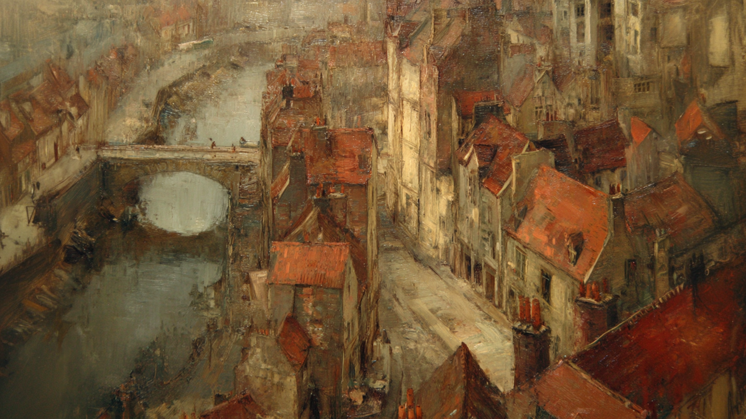 Canal at Dusk digital painting of a European cityscape with red rooftops, stone bridge, and river reflections, formatted for Samsung Frame TV.