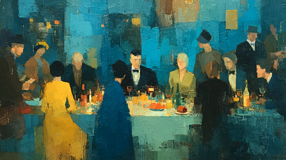 Candlelit Blue Room Dinner party on Samsung Frame TV - 4K digital download featuring elegant evening gathering in sapphire and amber tones