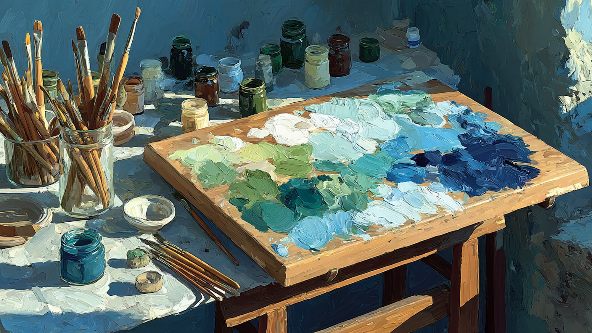 Still life composition featuring vintage maps spread on wooden table with coffee cups and travel planning materials in warm blue tones