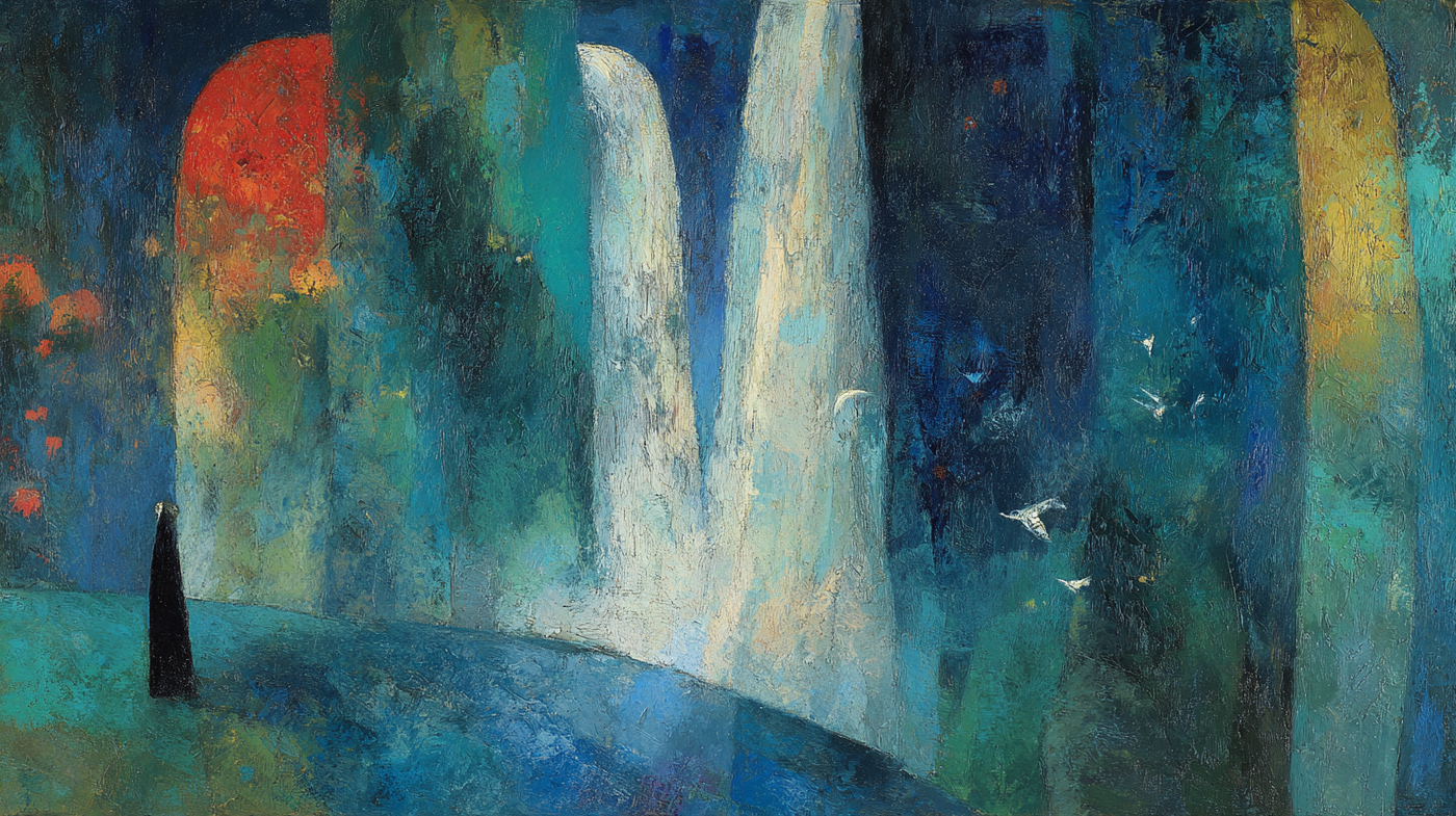 Abstract waterfall meditation scene with cascading water in azure blues and coral tones with birds in flight – digital art for Samsung Frame TV