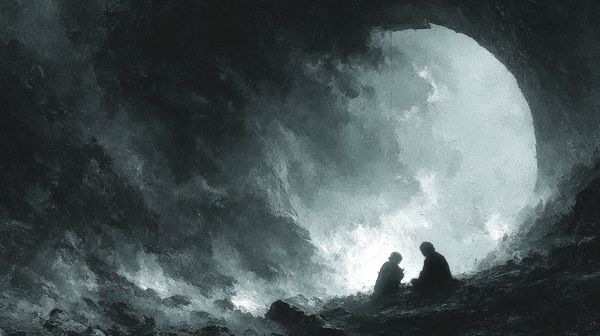 Cavern Dawn displayed on Samsung Frame TV - 4K digital download featuring two silhouetted figures at the mouth of a luminous round cavern