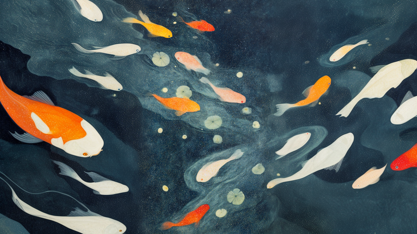 Celestial Pond – Free 4K digital koi artwork featuring white and orange fish swimming among lily pads and star-like dots, formatted for Samsung Frame TV