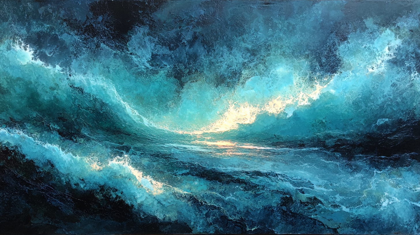 Abstract interpretation with flowing cerulean and turquoise currents in dimensional space with golden accents – digital art for Samsung Frame TV