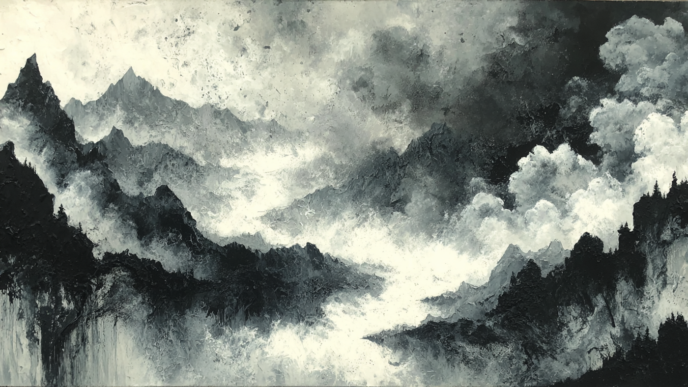 Charcoal Peaks monochromatic mountain art displayed on Samsung Frame TV - 4K digital download featuring ink and charcoal black and gray mountain silhouettes with clouded sky
