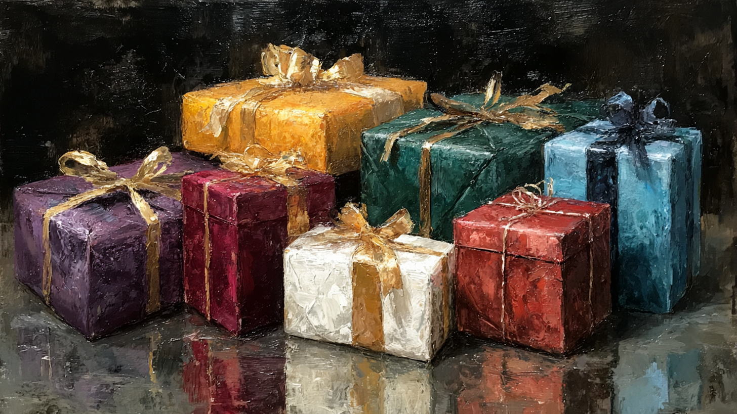 Gilded Gifts Christmas presents still life art displayed on Samsung Frame TV - 4K digital download featuring wrapped packages in jewel-toned metallic papers with ribbons and bows