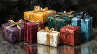 Gilded Gifts Christmas presents still life art displayed on Samsung Frame TV - 4K digital download featuring wrapped packages in jewel-toned metallic papers with ribbons and bows
