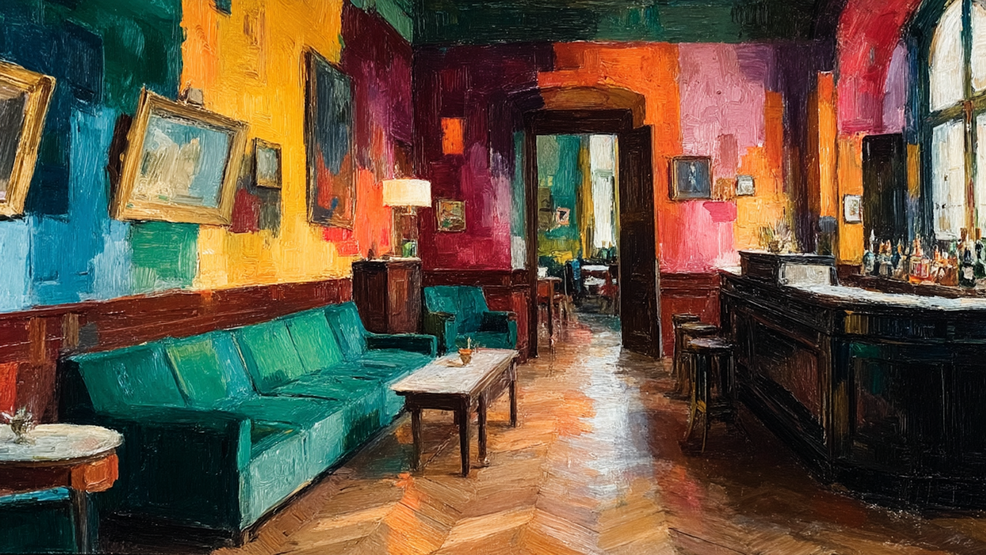 Explosive colorful bar interior with vibrant pink walls turquoise floors neon accents and theatrical lighting creating party atmosphere