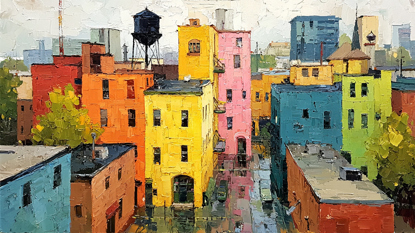 Chromatic Village architectural art displayed on Samsung Frame TV - 4K digital download featuring bright yellow, electric blue, vibrant orange, and hot pink Mediterranean townhouses stacked vertically creating joyful color celebration