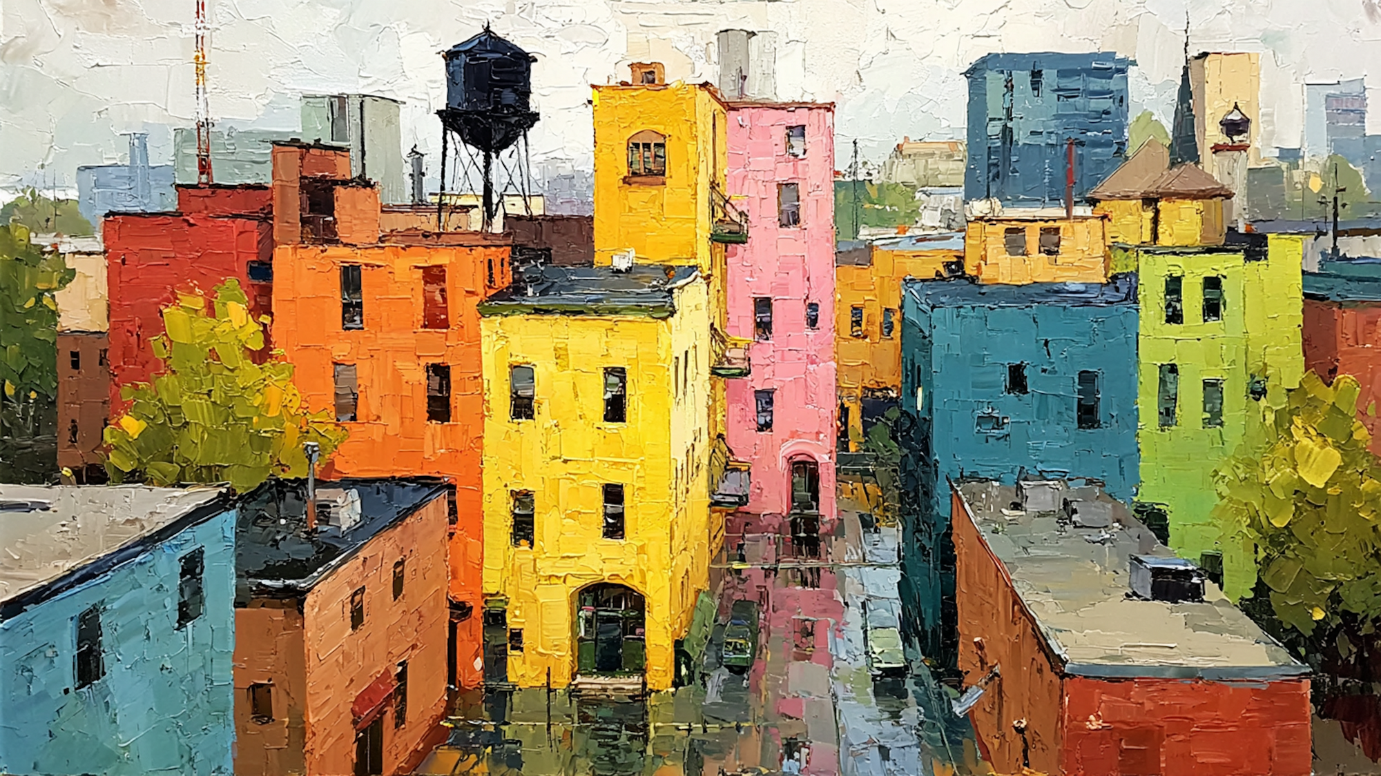 Chromatic Village architectural art displayed on Samsung Frame TV - 4K digital download featuring bright yellow, electric blue, vibrant orange, and hot pink Mediterranean townhouses stacked vertically creating joyful color celebration