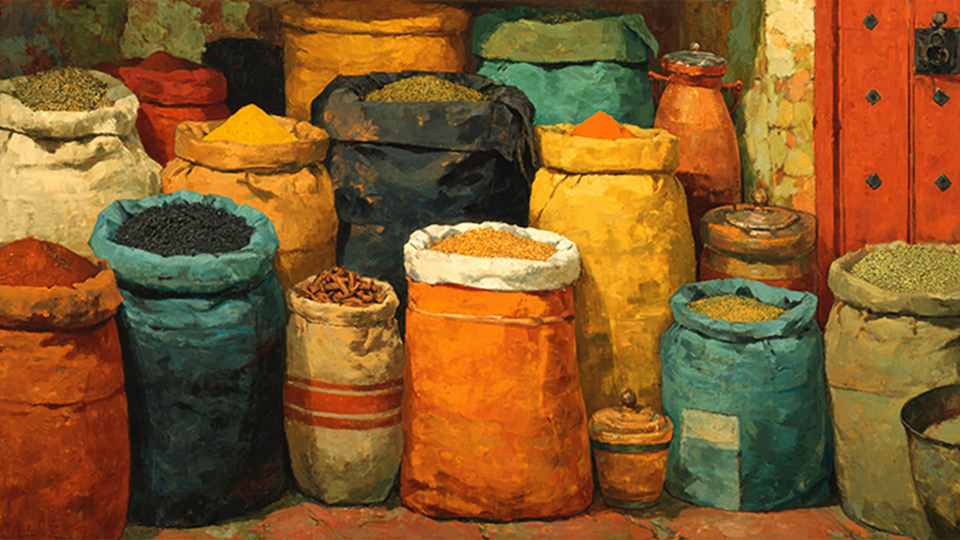 Cinnamon Cumin Spice Sacks still life on Samsung Frame TV - 4K digital download featuring market spices in warm amber ochre and terracotta tones