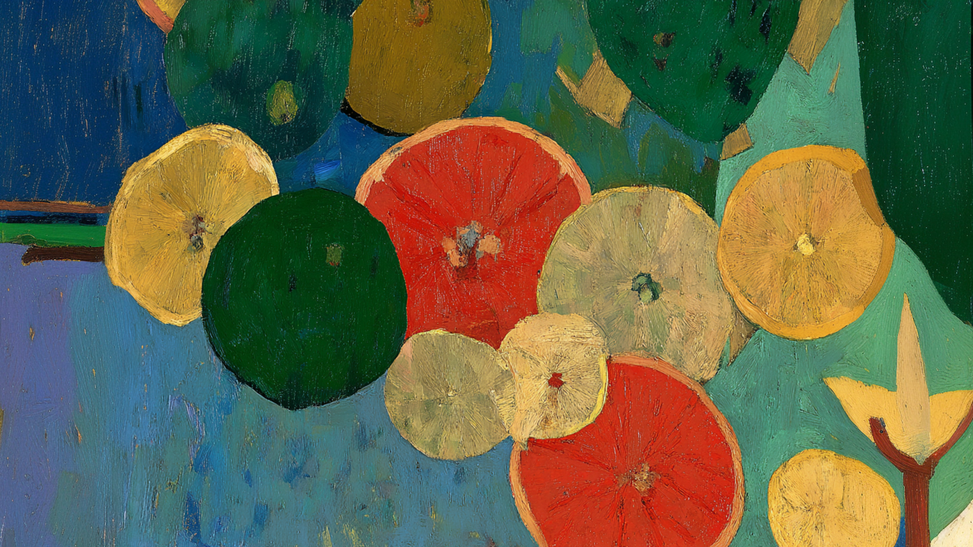 Citrus Still Life digital painting with sliced grapefruits, lemons, and limes rendered in a textured Fauvist style, formatted for Samsung Frame TV.