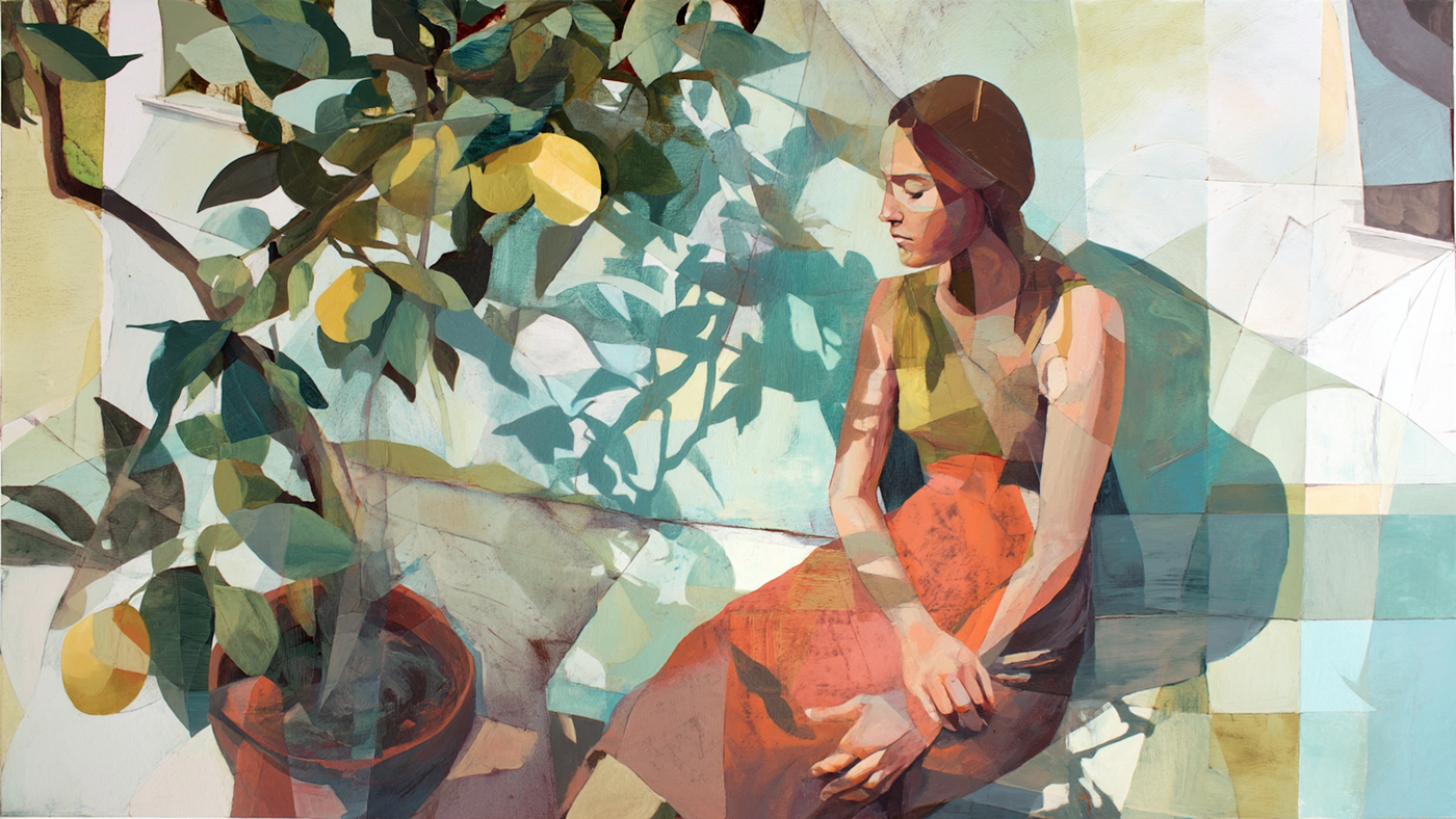 Contemporary figure holding oranges beneath lemon tree in geometric style with warm tones – digital art for Samsung Frame TV