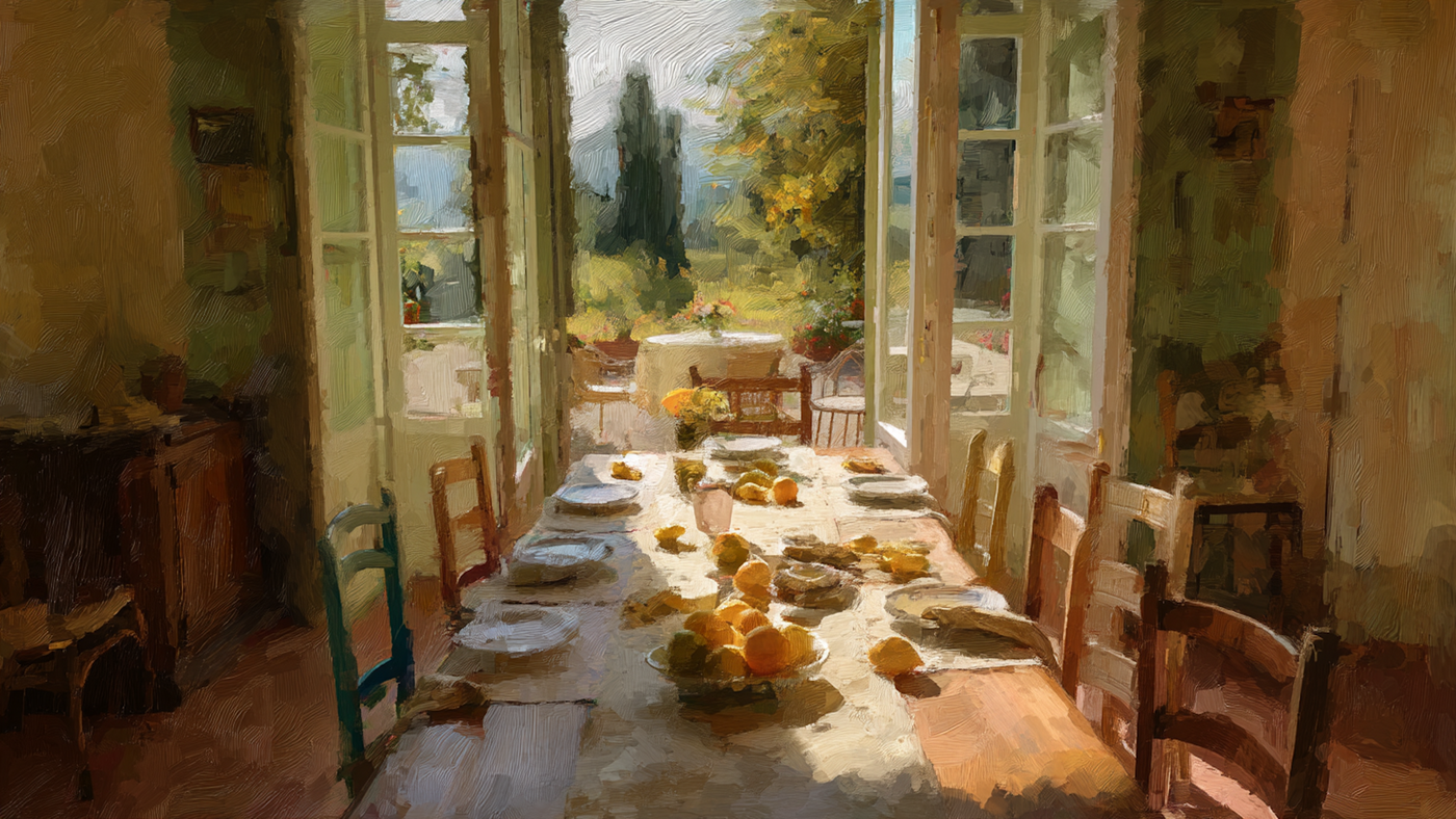 French countryside dining room with citrus breakfast scene and golden morning light through French doors – digital art for Samsung Frame TV