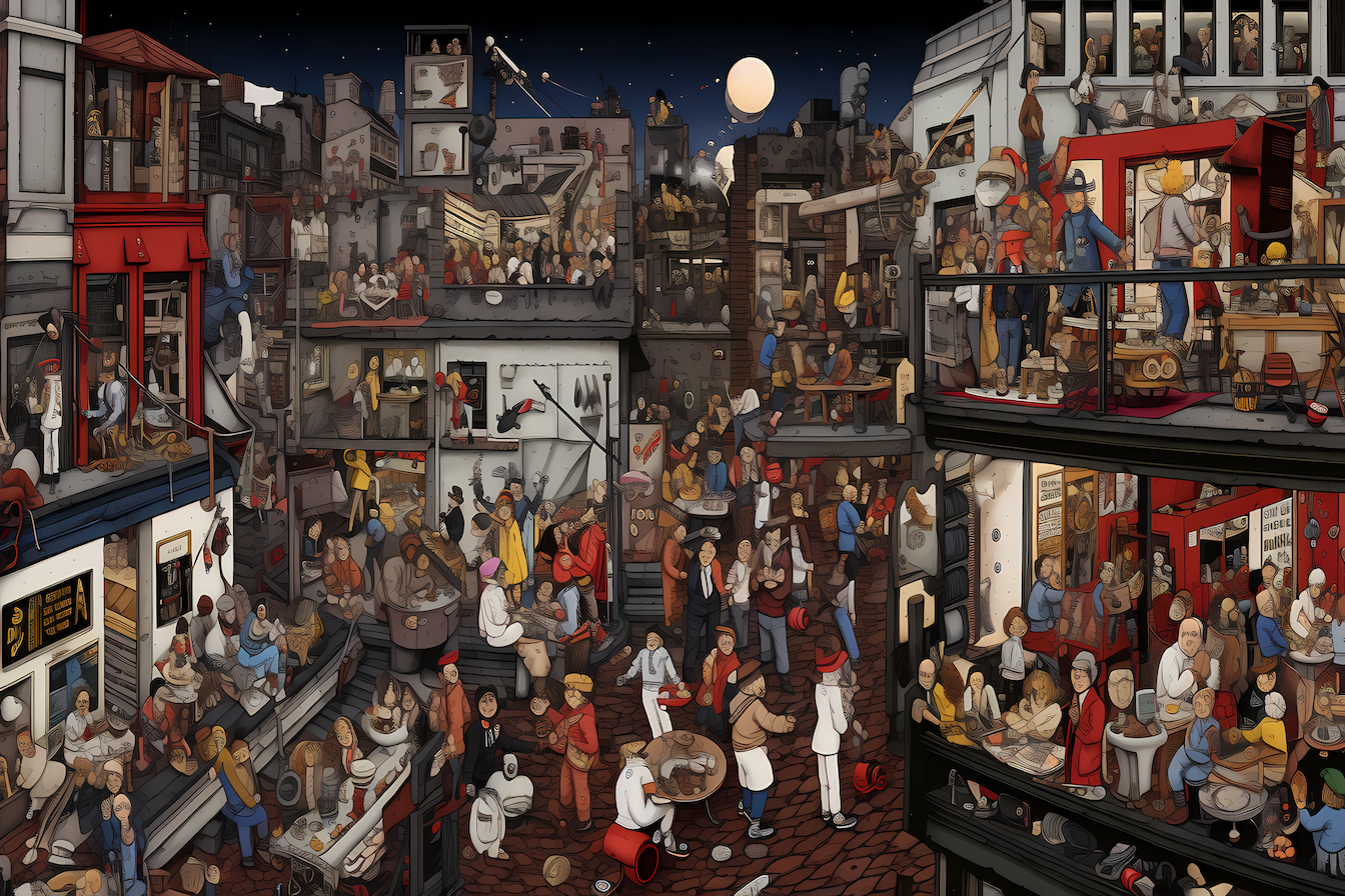 Surreal cityscape with hidden details, eccentric characters, and dark humor – intricate urban fantasy for Samsung Frame TV