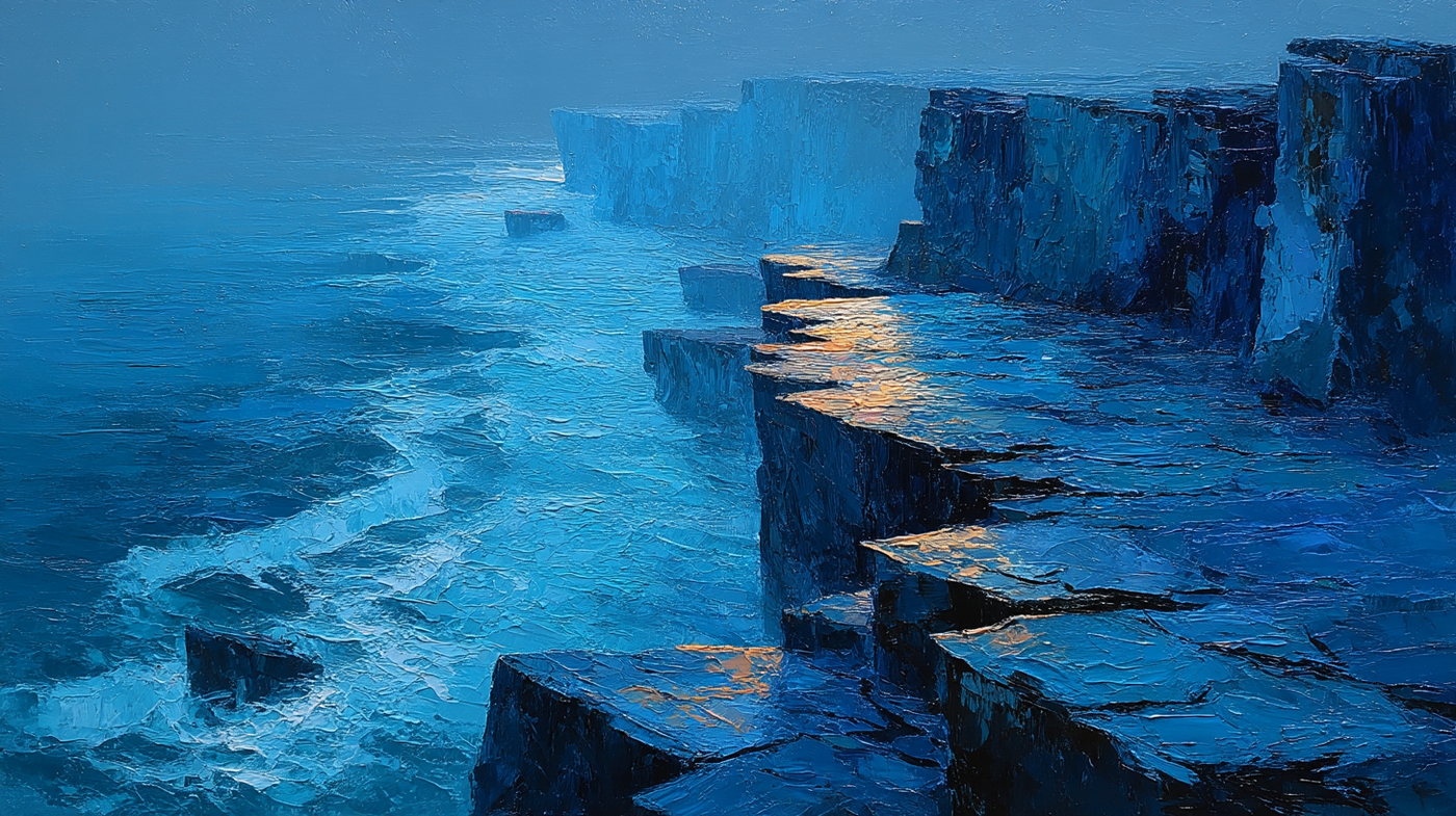 Dramatic coastal cliffs with cerulean blue ocean and gray stone formations for Samsung Frame TV and HiSense CanvasTV display