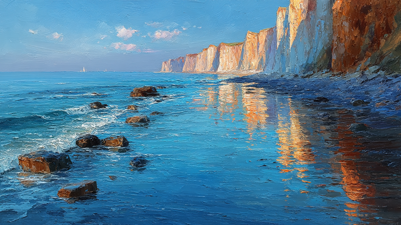 Majestic coastal cliffs in golden sunset light rising from azure waters – 4K digital art for Samsung Frame TV and HiSense CanvasTV