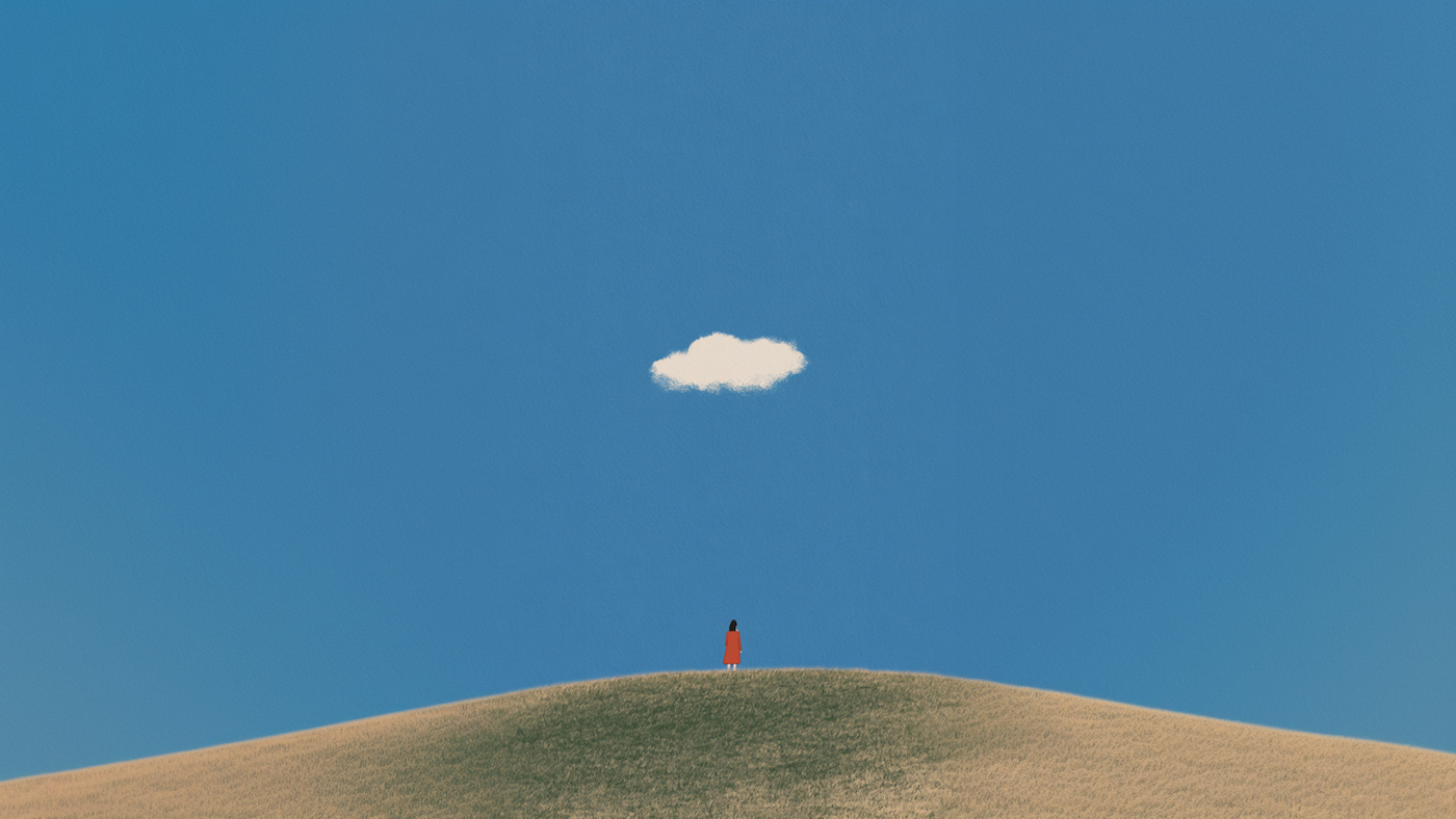 Quiet contemplative scene with one figure beneath a single cloud – minimalist 4K digital artwork for Samsung Frame TV