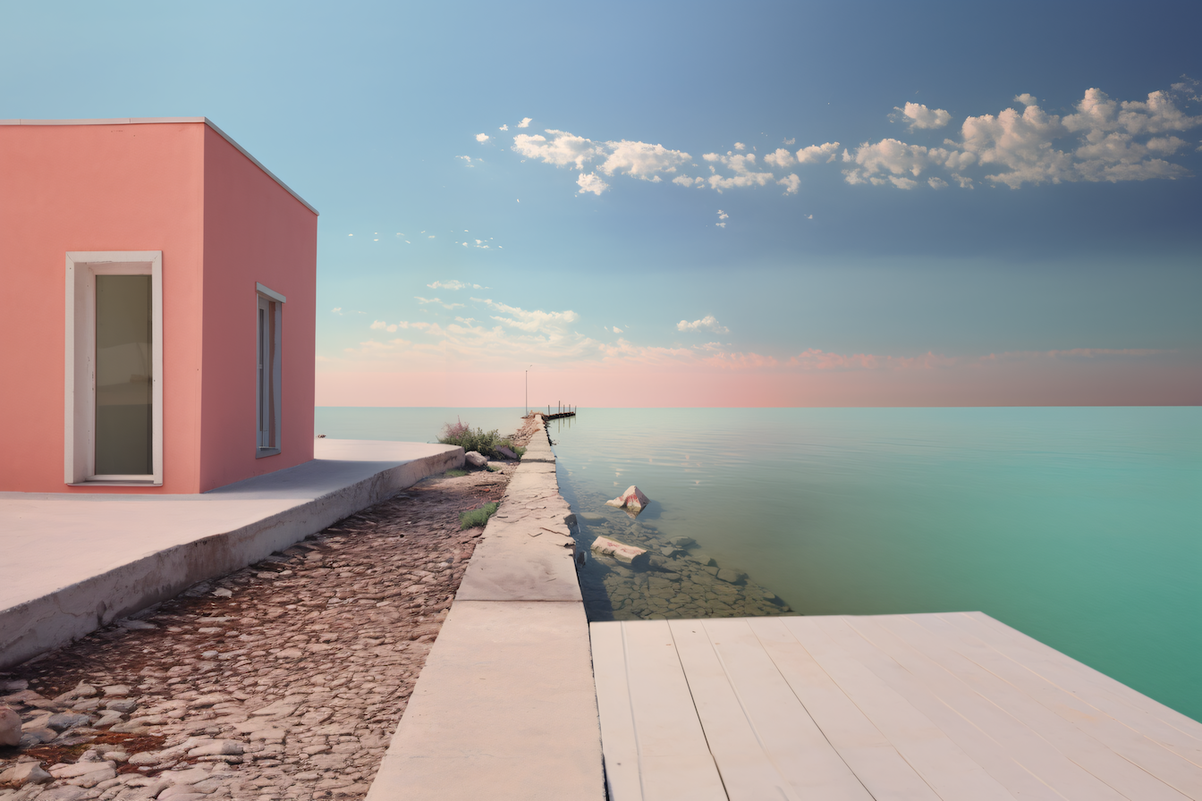 Minimalist seaside scene with soft pastel sky, peaceful turquoise ocean, and contemporary coastal structure – digital artwork for Samsung Frame TV