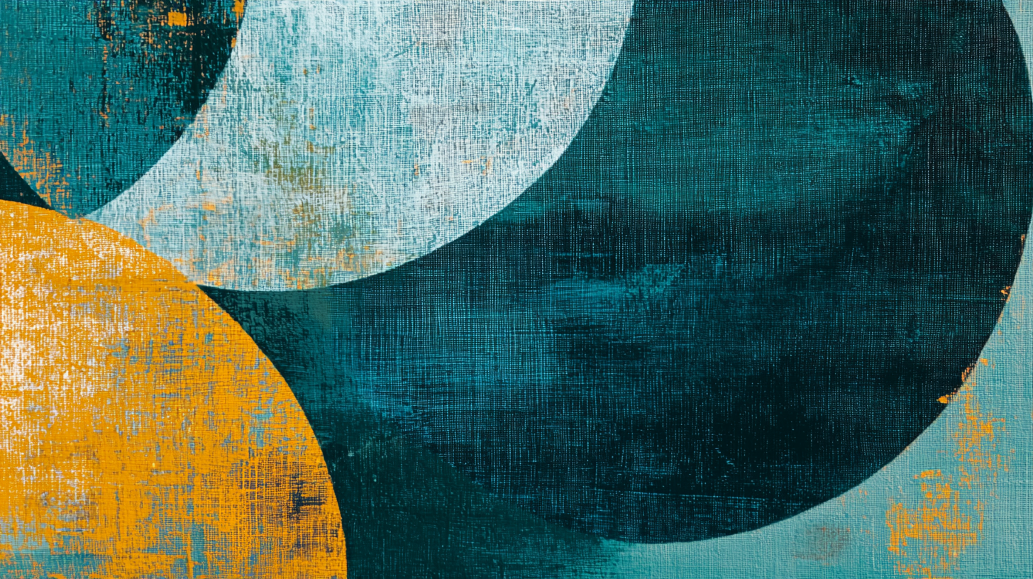 Abstract geometric composition with weathered turquoise circles and amber triangles on textured cream background – digital art for Samsung Frame TV