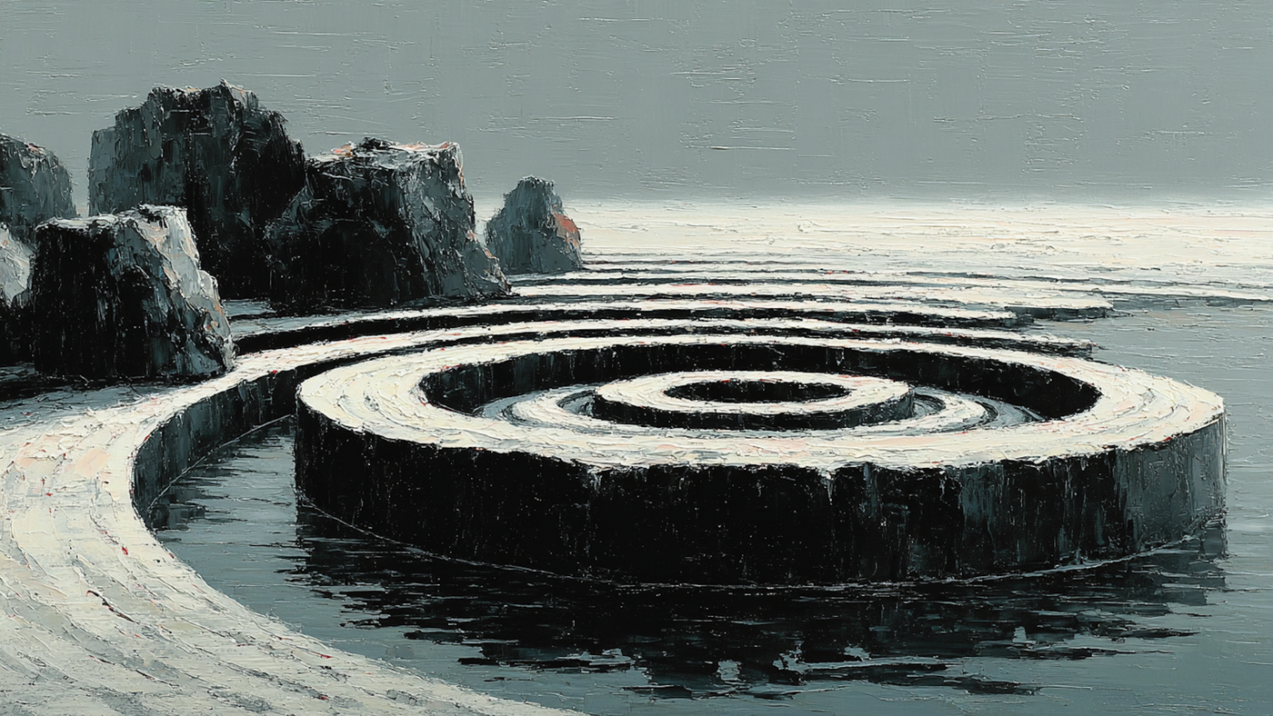 Coastal Labyrinth zen spiral rock garden by the sea displayed on Samsung Frame TV - 4K digital download featuring concentric raked patterns in warm stone and linen neutral palette