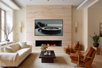 Coastal Labyrinth zen spiral rock garden by the sea displayed on Samsung Frame TV - 4K digital download featuring concentric raked patterns in warm stone and linen neutral palette