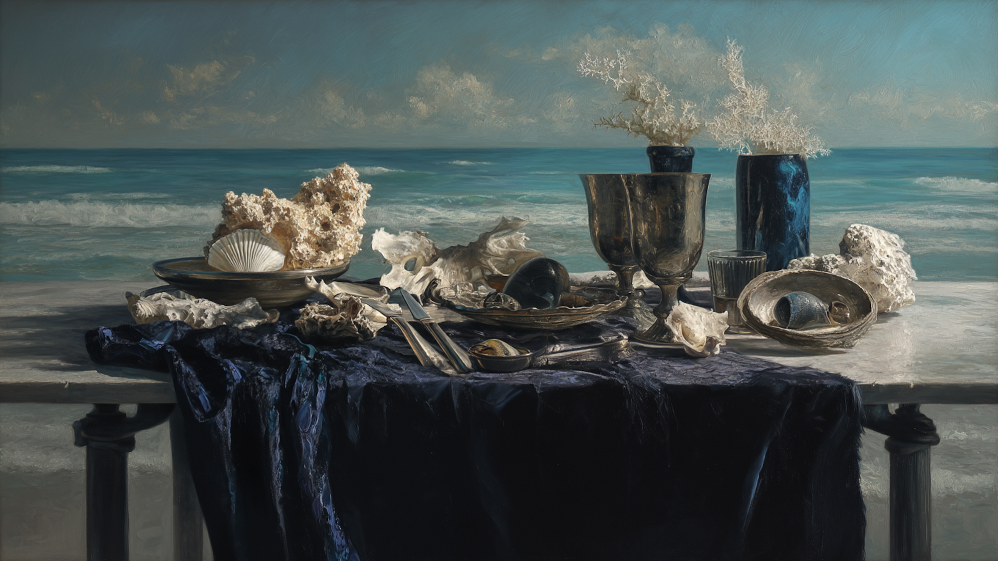 Sophisticated coastal still life with shells coral and maritime treasures on deep blue fabric – digital art for Samsung Frame TV
