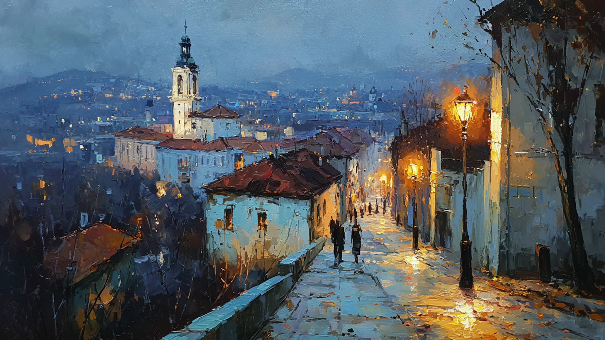 Cobblestone Dreams European village artwork displayed on Samsung Frame TV showing charming hillside stairs with evening lights in blue and amber tones