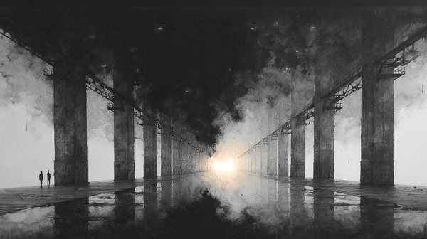 Colonnade of Smoke displayed on Samsung Frame TV - 4K digital download featuring a cathedral-scale iron-pillared pier hall with tiny figures