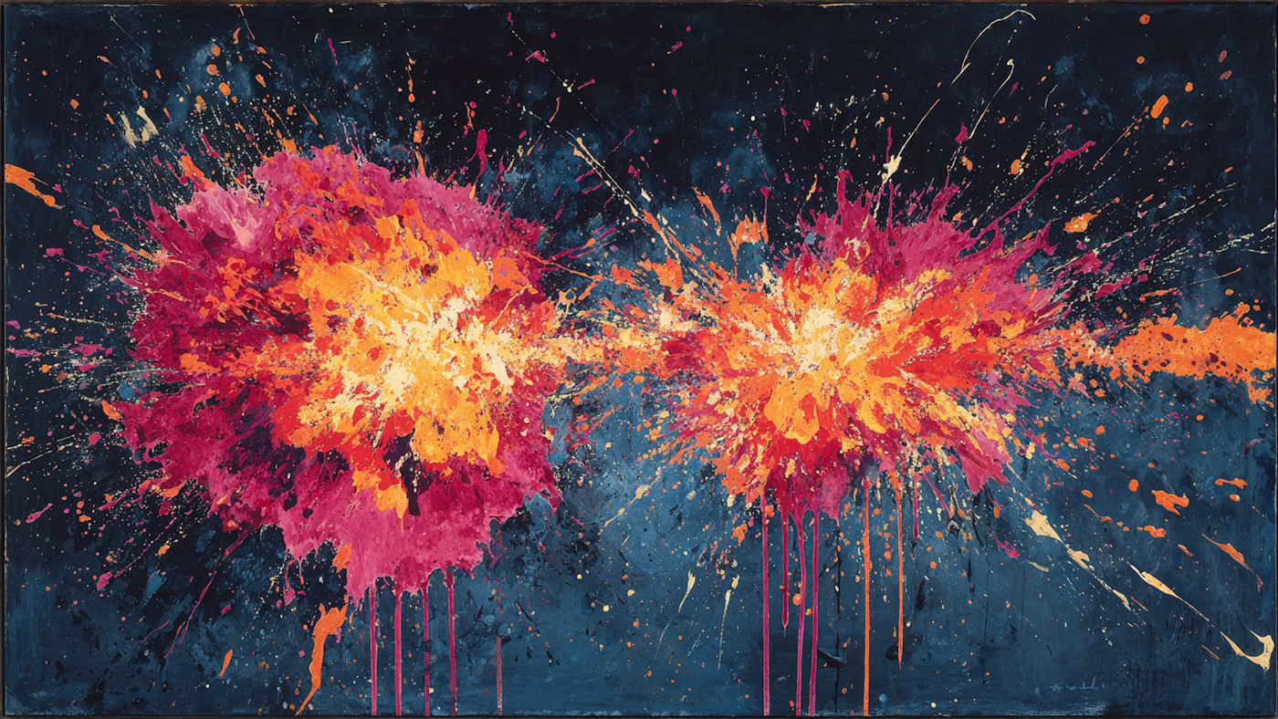 Color Burst Symphony abstract art displayed on Samsung Frame TV - 4K digital download featuring explosive paint splatters in electric blues, hot pinks, and citrus yellows