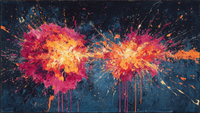 Color Burst Symphony abstract art displayed on Samsung Frame TV - 4K digital download featuring explosive paint splatters in electric blues, hot pinks, and citrus yellows