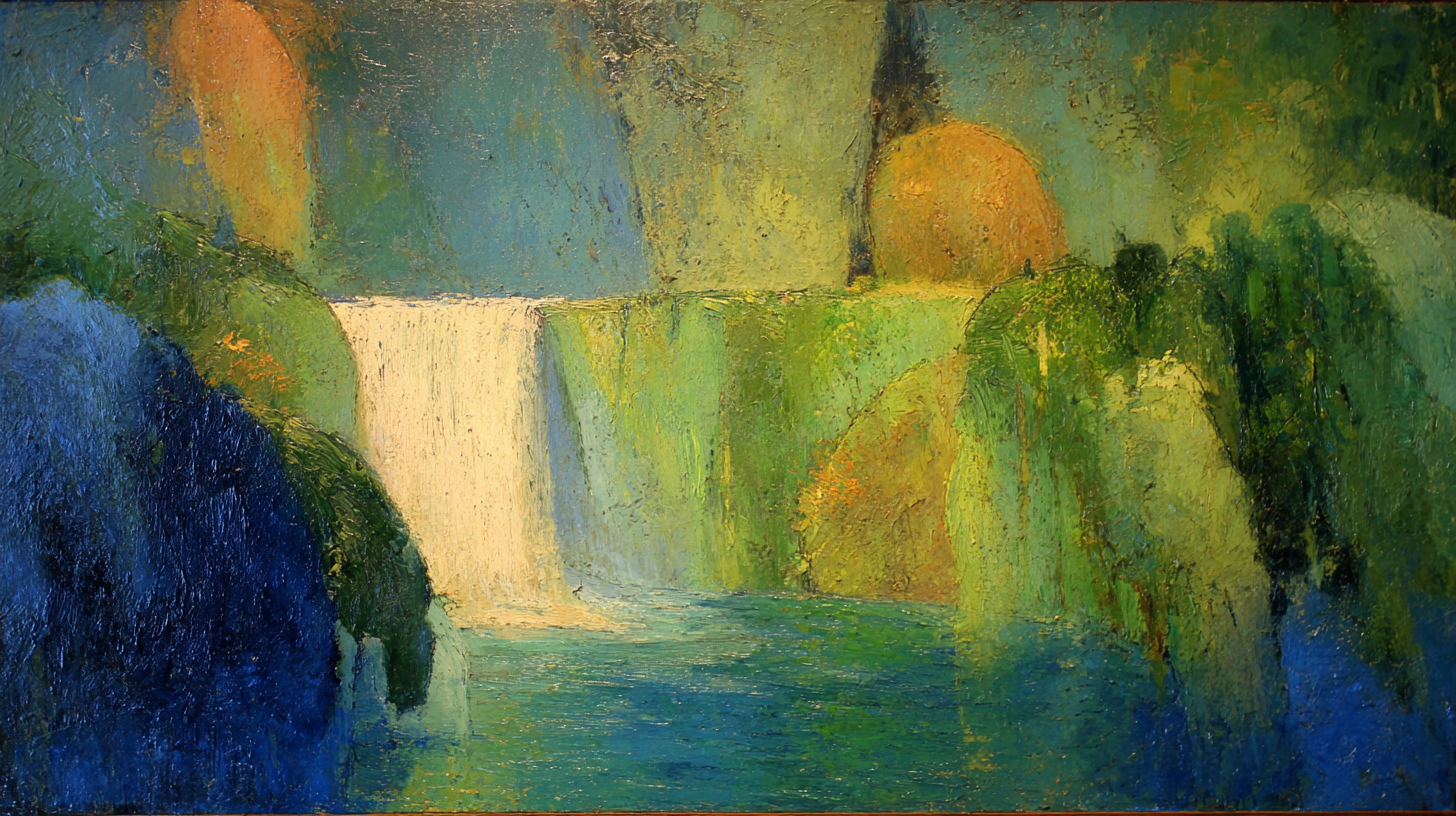 Abstract impressionist landscape with vibrant color blocks in blues, greens, and amber tones representing emotional memory – digital art for Samsung Frame TV