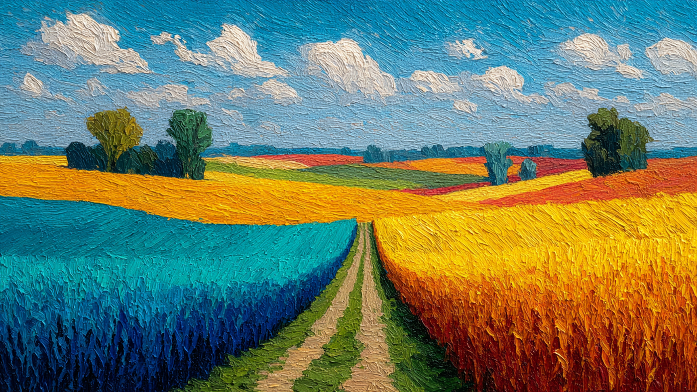 Colorfield Harvest contemporary agricultural art displayed on Samsung Frame TV - 4K digital download featuring ocean and sky teal blue and citrus yellow fields in bold horizontal stripes with dramatic clouds