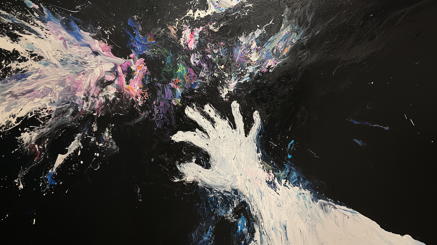 Powerful white hand meeting cosmic burst of color – emotionally charged 4K abstract digital painting for Samsung Frame TV