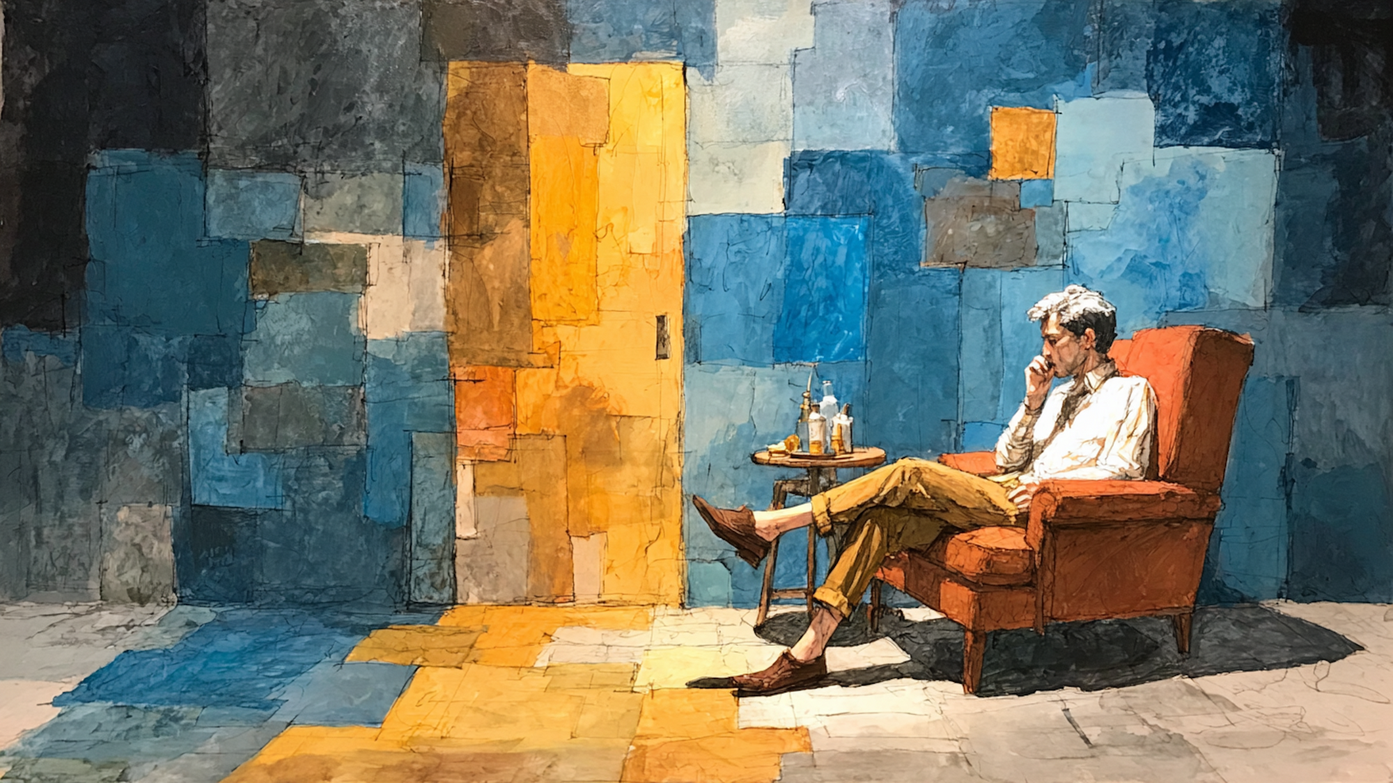 Contemplative Pause abstract geometric art displayed on Samsung Frame TV - 4K digital download featuring citrus and electric yellow and blue geometric shapes with seated contemplative figure