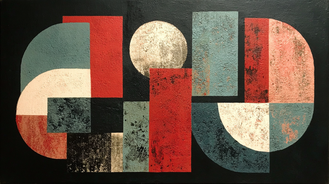 Contemporary geometric abstract composition with coral circles, charcoal squares and weathered textures in sophisticated neutral palette – digital art for Samsung Frame TV