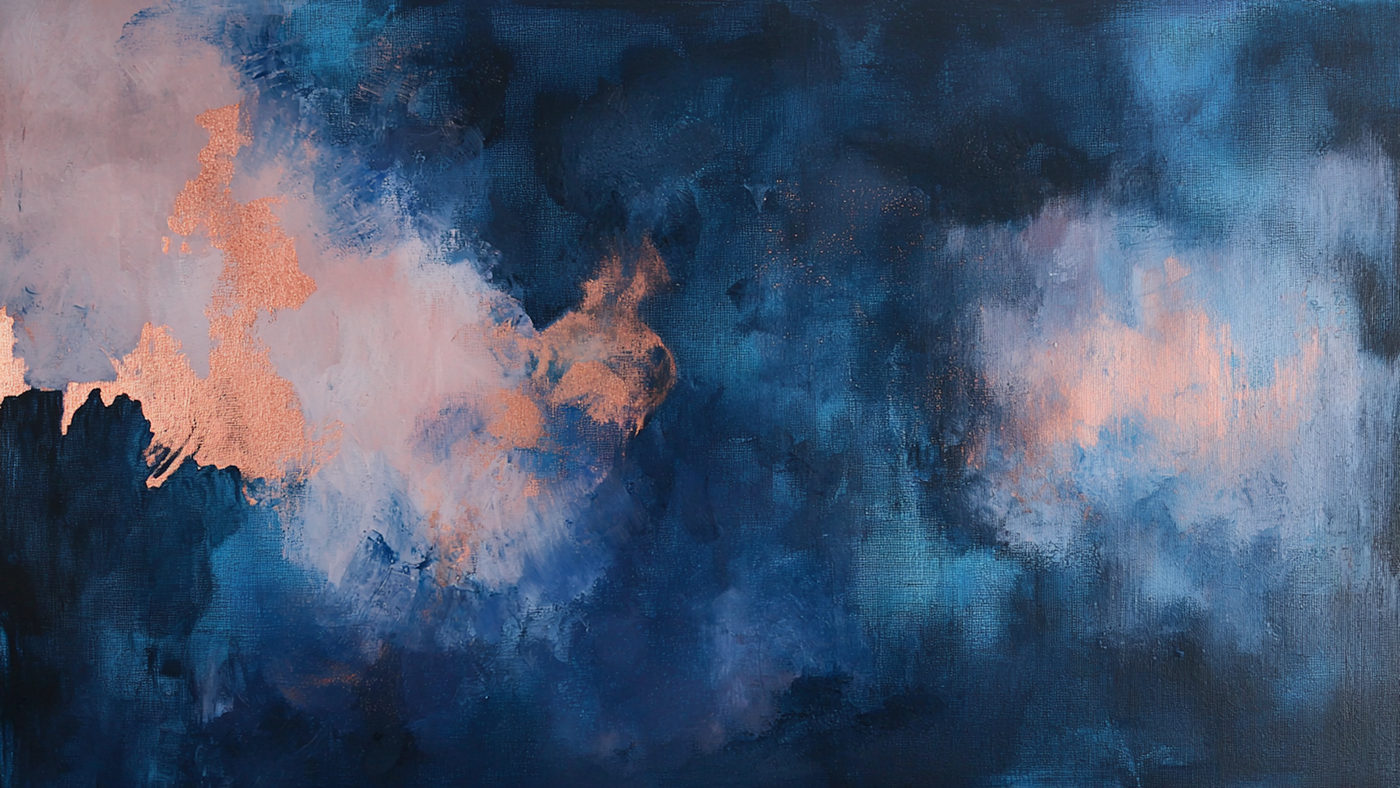 Indigo, blush, and copper collide in this bold abstract made for Frame TV. A 4K digital art download—perfect for modern, dramatic interiors.