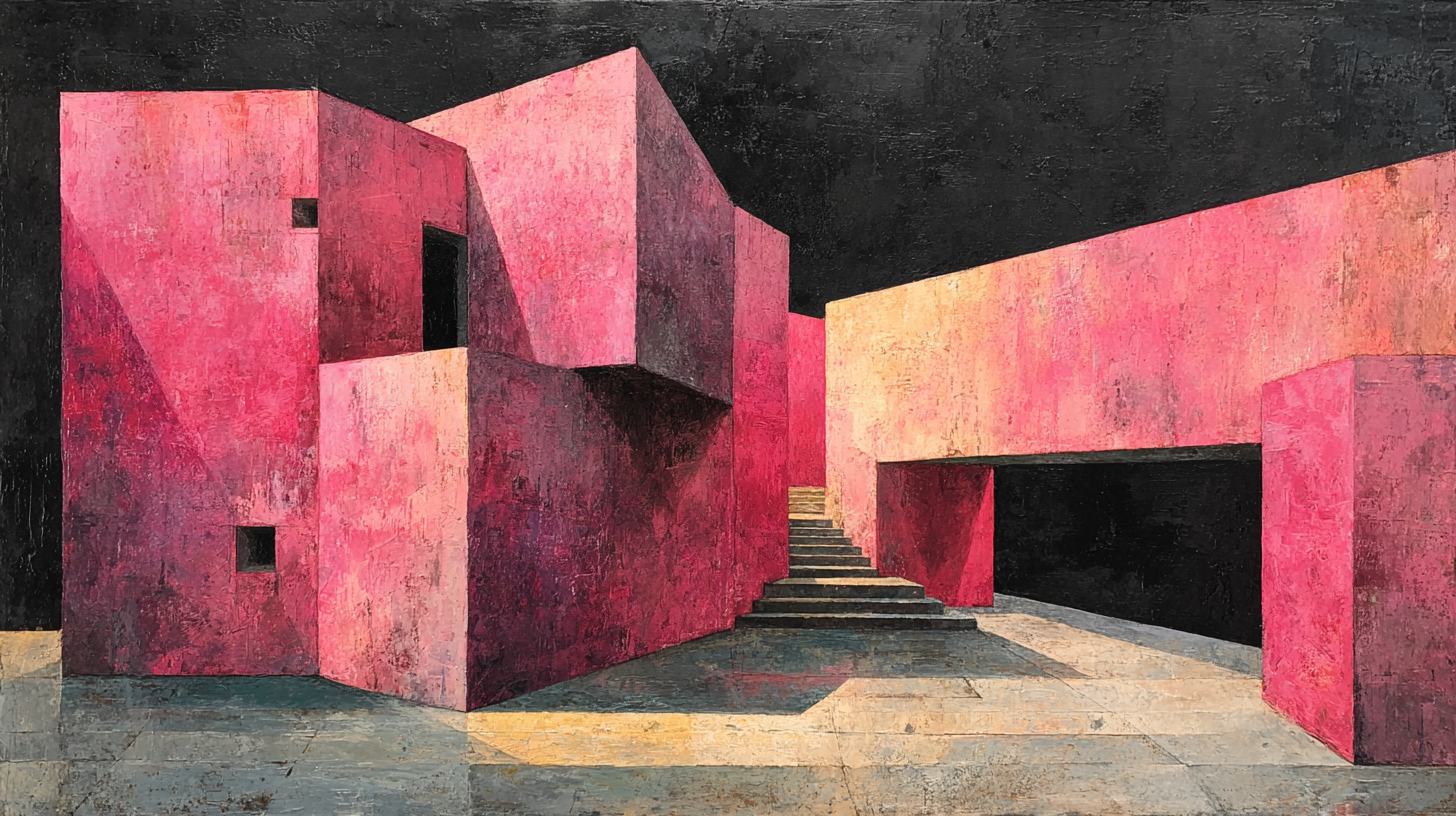 Bold geometric abstraction with coral and pink architectural forms against black background in modernist style – digital art for Samsung Frame TV