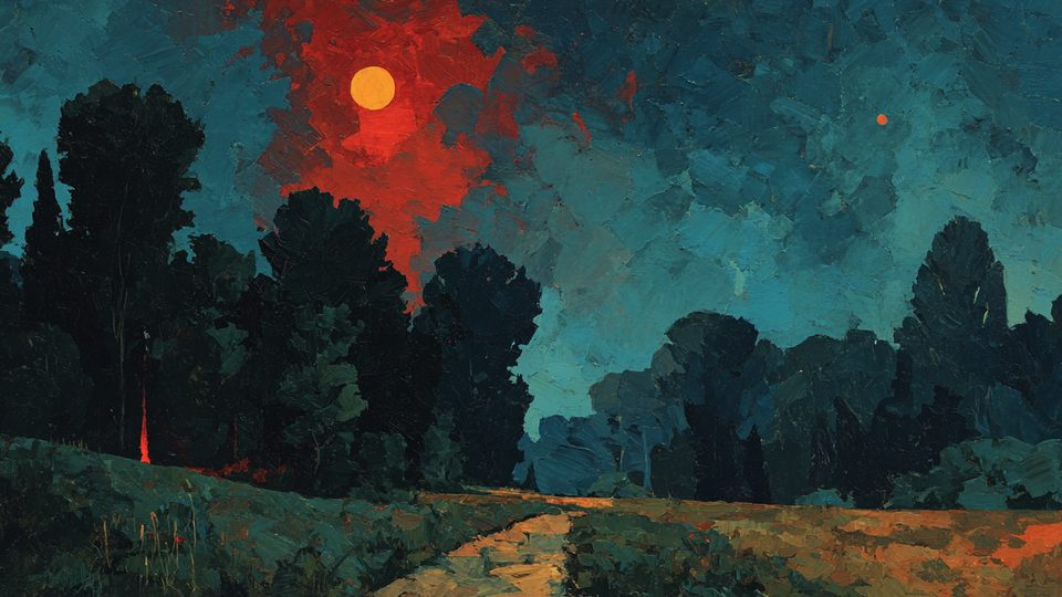 Coral Moon Teal Twilight landscape displayed on Samsung Frame TV - 4K digital download featuring coral pink moon rising over forest with teal and emerald sky