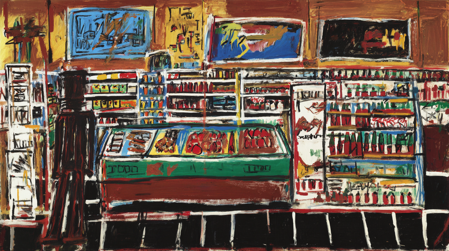 Corner Market Basquiat-inspired artwork displayed on Samsung Frame TV showing grocery store scene with street art elements in bright yellow and electric blue graffiti style