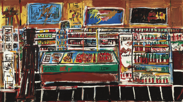 Corner Market Basquiat-inspired artwork displayed on Samsung Frame TV showing grocery store scene with street art elements in bright yellow and electric blue graffiti style