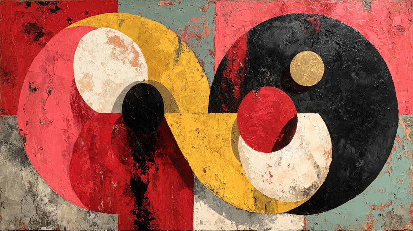 Abstract cosmic balance circles in ruby red and golden amber tones for Samsung Frame TV and HiSense CanvasTV display