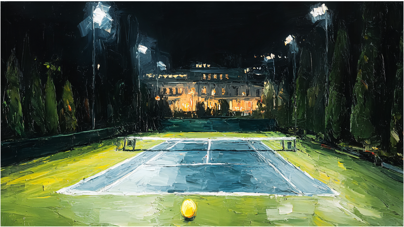 Court Lights David Hockney inspired floodlit tennis court displayed on Samsung Frame TV - 4K digital download featuring night sports venue in sage and eucalyptus teal palette