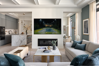 Court Lights David Hockney inspired floodlit tennis court displayed on Samsung Frame TV - 4K digital download featuring night sports venue in sage and eucalyptus teal palette