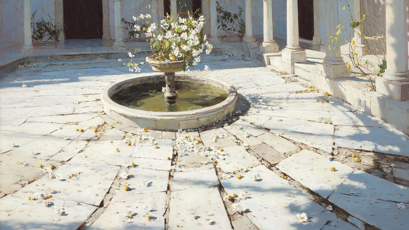 Classical Mediterranean fountain in weathered stone courtyard with scattered flower petals – digital art for Samsung Frame TV