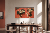 Crimson Cabaret Toulouse-Lautrec inspired café scene displayed on Samsung Frame TV - 4K digital download featuring Parisian nightlife in rich amber terracotta and crimson palette