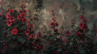 Crimson Climb – Deep red hollyhocks blooming against a vintage, weathered wall with painterly texture, made for Samsung Frame TV