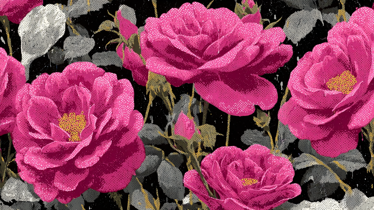 Dramatic crimson peonies with golden centers and textured pointillist technique against black background – digital art for Samsung Frame TV