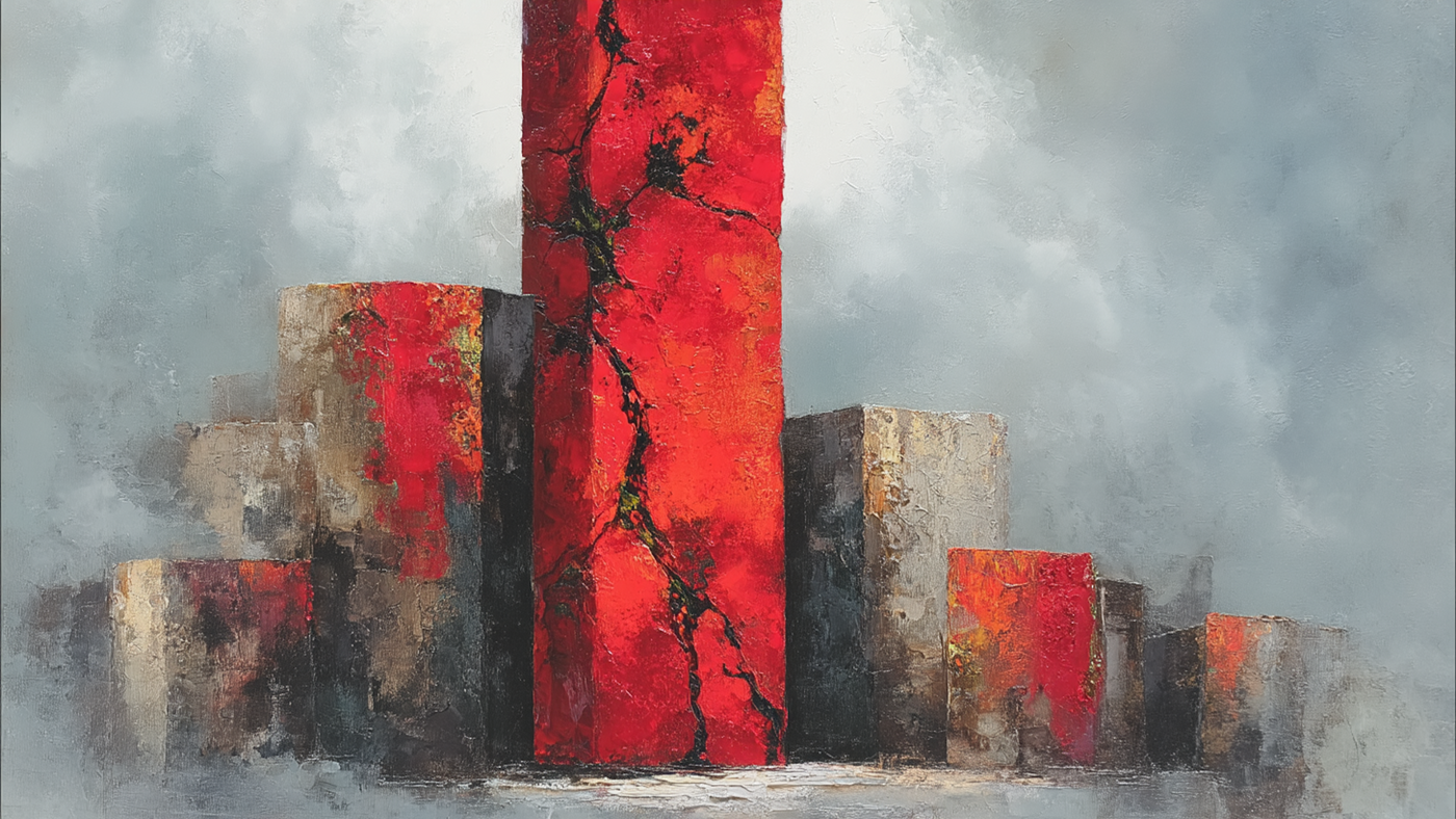 Bold abstract cityscape with red architectural forms and gray background – digital art for Samsung Frame TV